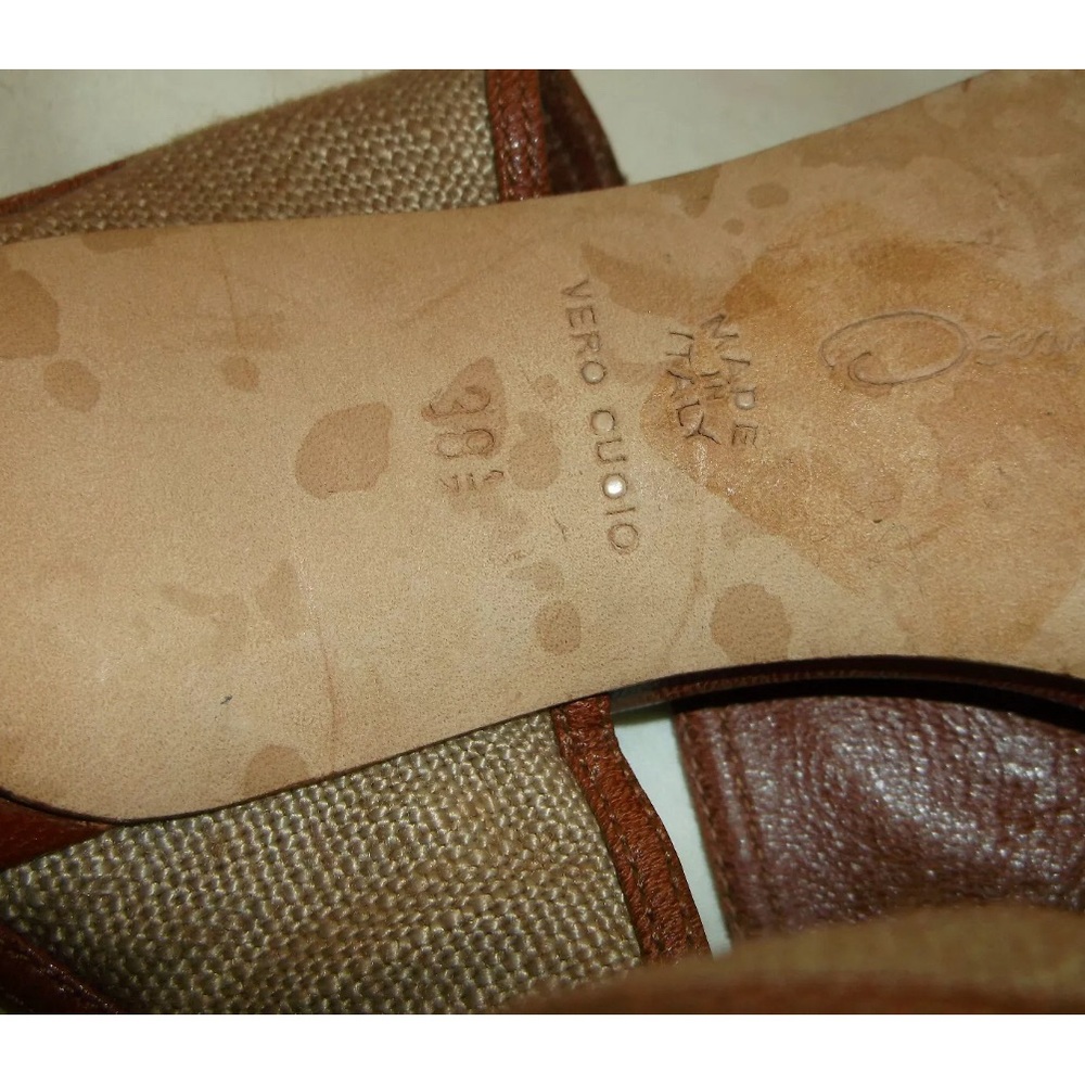 Oscar de la Renta Brown Leather tan woven top Thong Sandal Heel Shoe Size7 M - Picture 4 of 4